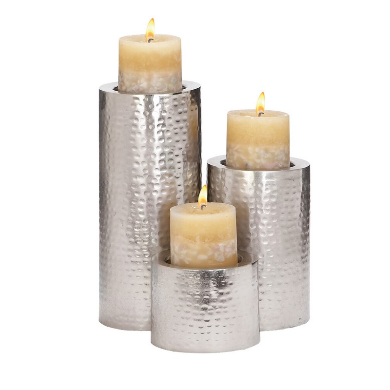 CosmoLiving by Cosmopolitan Set of 3 Silver Metal Industrial Candle Holder, 11", 7", 4"